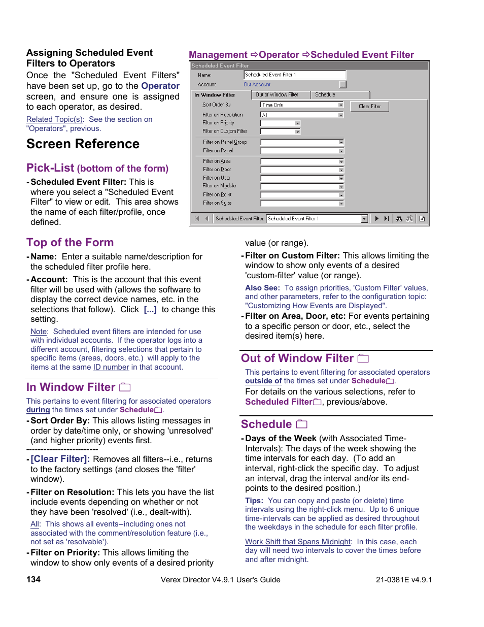 Screen reference, Pick-list, Top of the form | Out of window filter, Schedule | Interlogix VEREX Director User Manual | Page 142 / 383