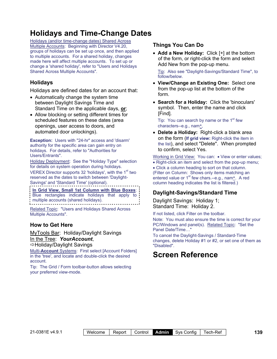 Screen reference holidays and time-change dates | Interlogix VEREX Director User Manual | Page 147 / 383