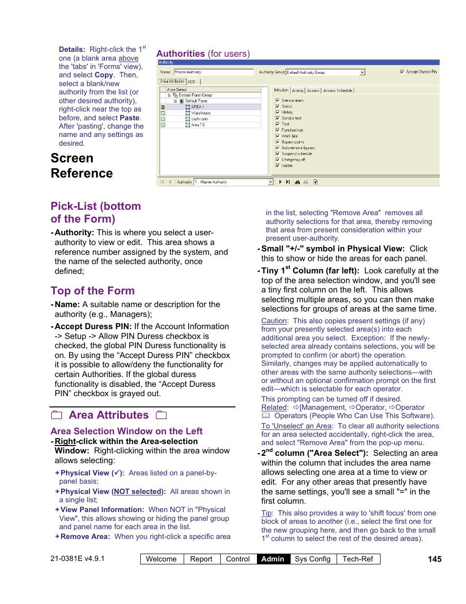 Screen reference, Pick-list (bottom of the form), Top of the form | Area attributes | Interlogix VEREX Director User Manual | Page 153 / 383
