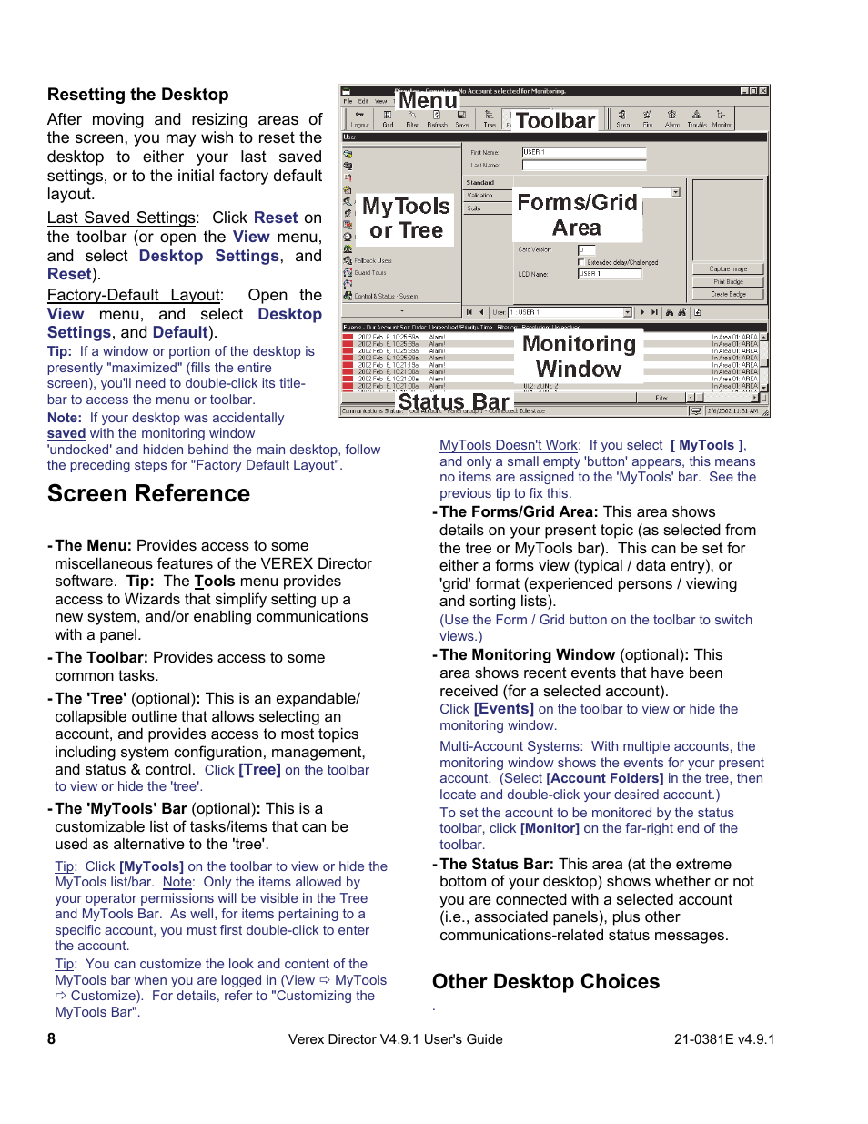 Screen reference, Other desktop choices | Interlogix VEREX Director User Manual | Page 16 / 383