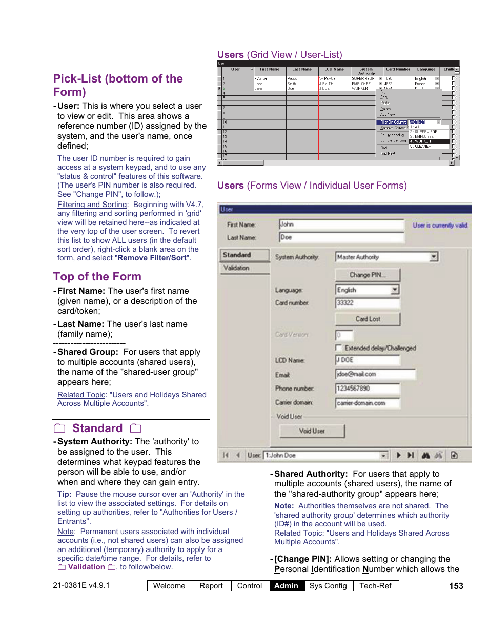Pick-list (bottom of the form), Top of the form, Standard | Interlogix VEREX Director User Manual | Page 161 / 383