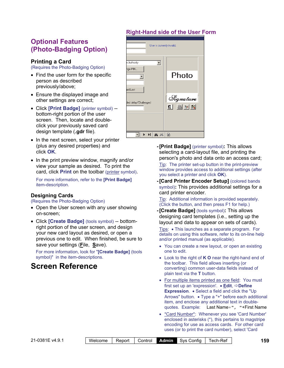 Screen reference, Optional features (photo-badging option) | Interlogix VEREX Director User Manual | Page 167 / 383