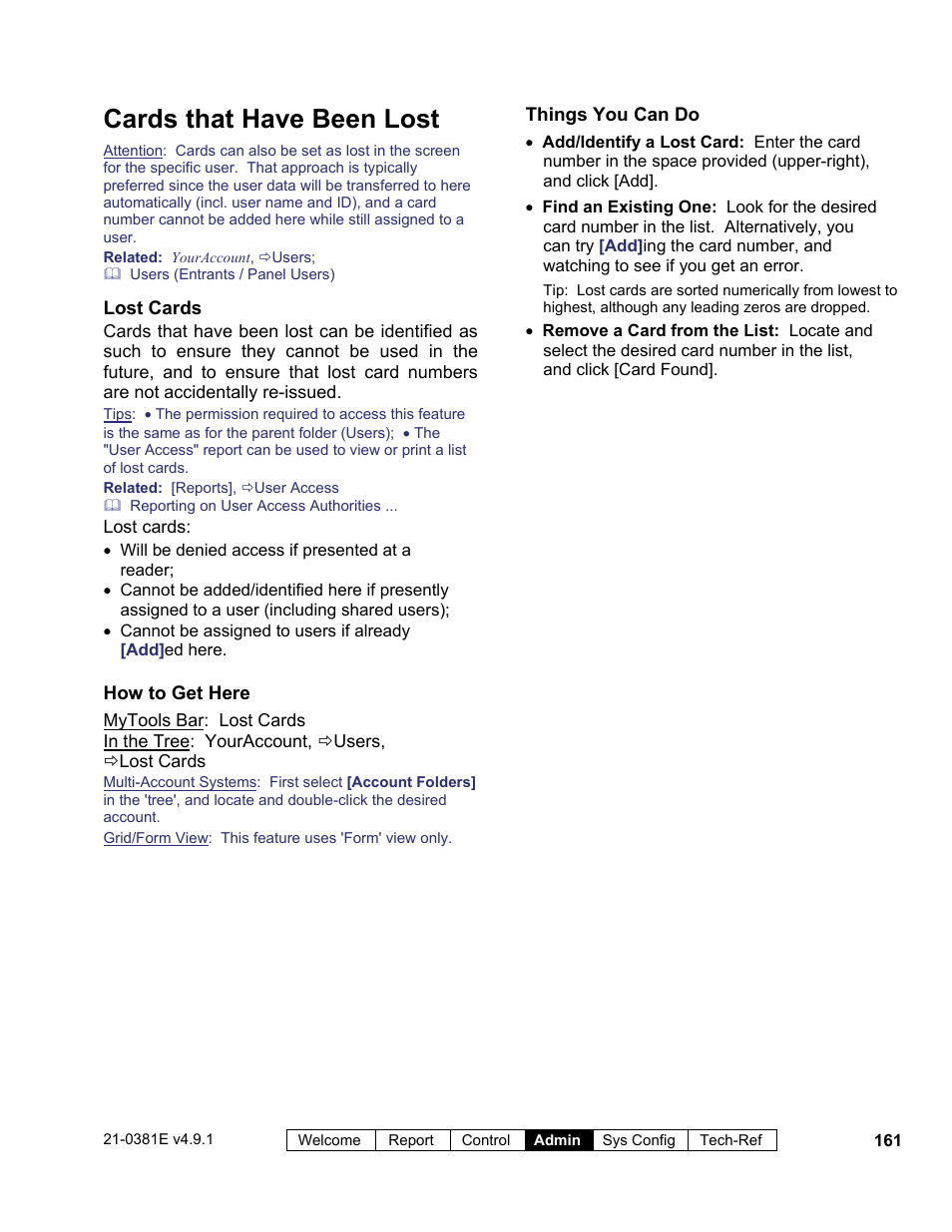 Cards that have been lost | Interlogix VEREX Director User Manual | Page 169 / 383