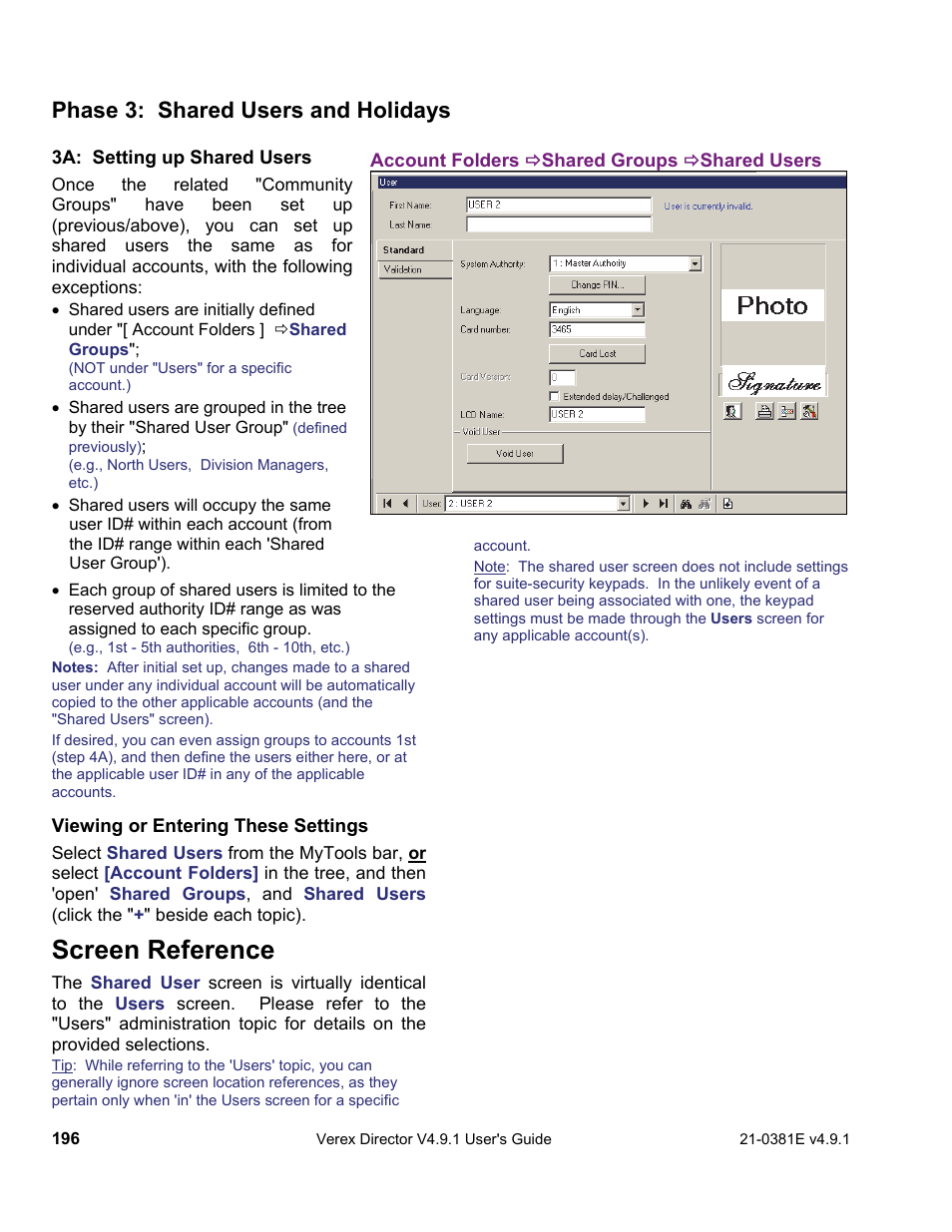 Screen reference, Phase 3: shared users and holidays | Interlogix VEREX Director User Manual | Page 204 / 383