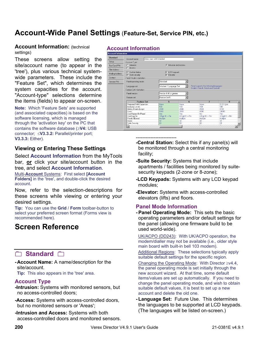 Screen reference, Account-wide panel settings, Standard | Interlogix VEREX Director User Manual | Page 208 / 383