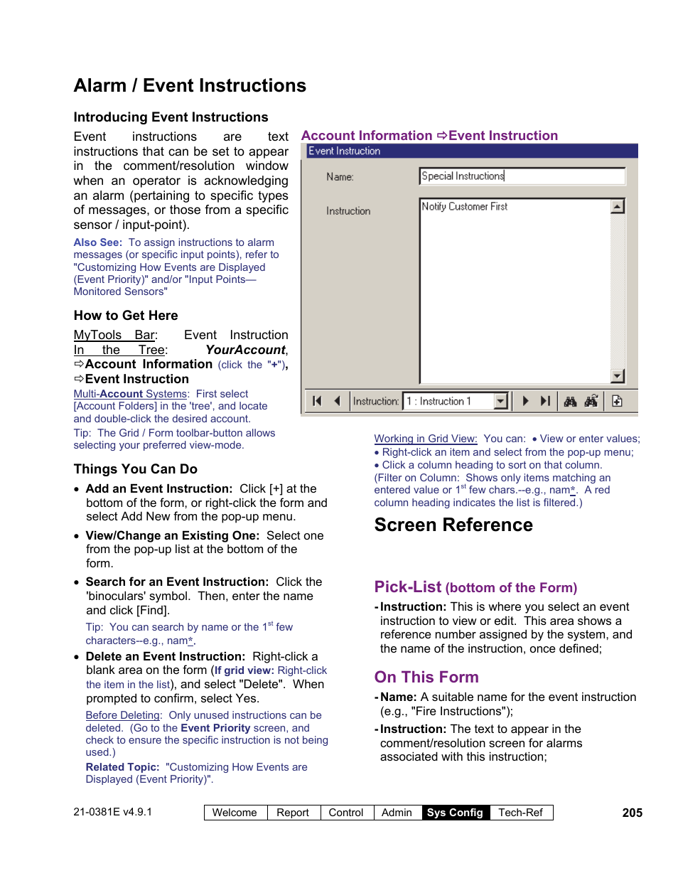 Screen reference, Alarm / event instructions, Pick-list | On this form | Interlogix VEREX Director User Manual | Page 213 / 383