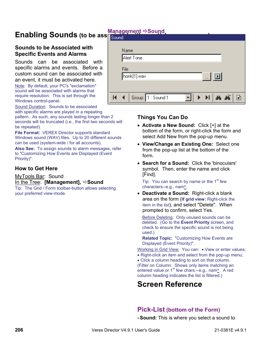 Screen reference, Enabling sounds, Pick-list | Interlogix VEREX Director User Manual | Page 214 / 383