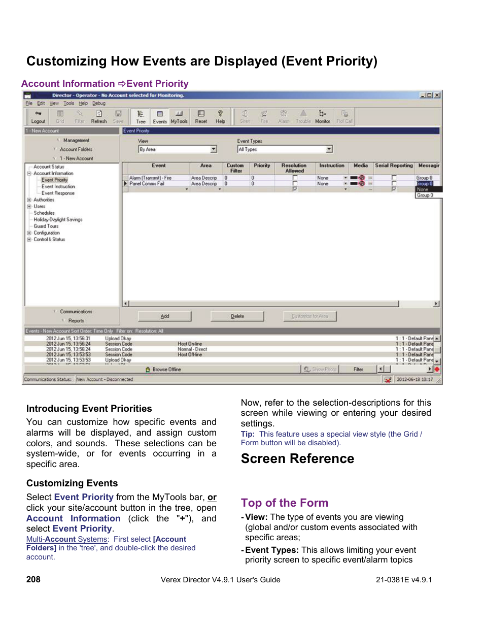 Screen reference, Top of the form | Interlogix VEREX Director User Manual | Page 216 / 383