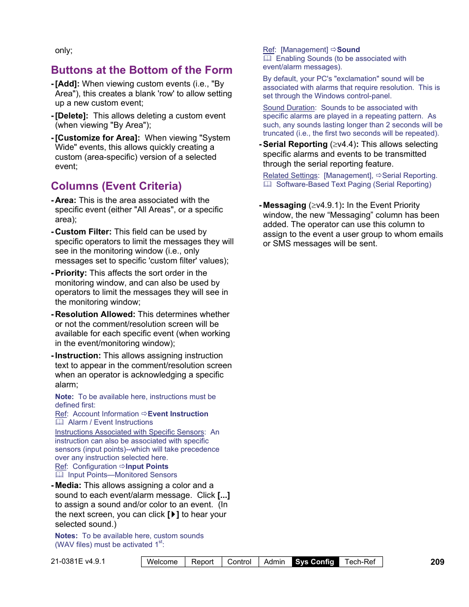 Buttons at the bottom of the form, Columns (event criteria) | Interlogix VEREX Director User Manual | Page 217 / 383