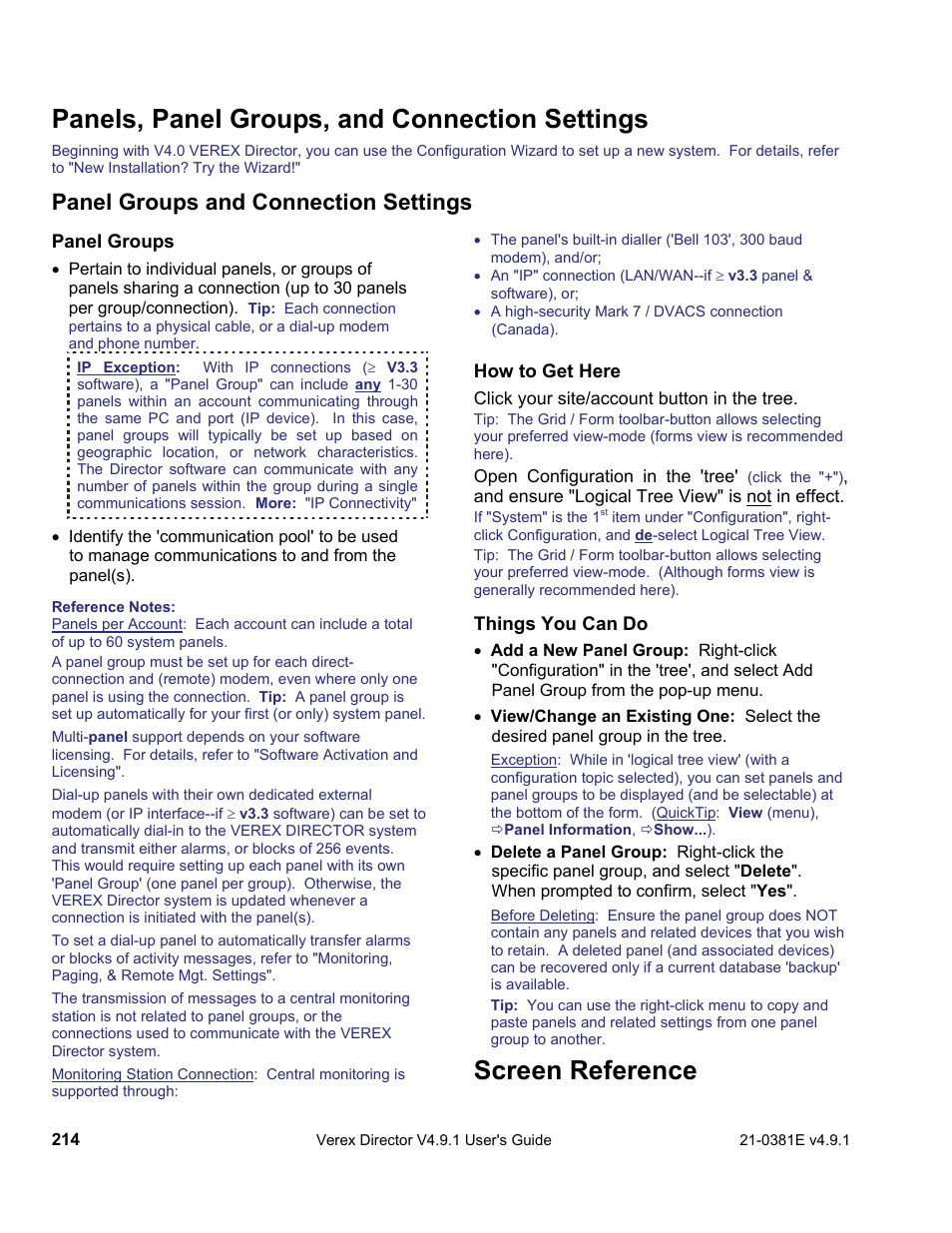 Screen reference, Panels, panel groups, and connection settings, Panel groups and connection settings | Interlogix VEREX Director User Manual | Page 222 / 383