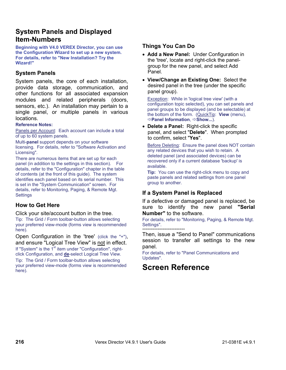 Screen reference, System panels and displayed item-numbers | Interlogix VEREX Director User Manual | Page 224 / 383