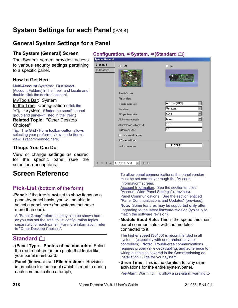 Screen reference, System settings for each panel, Pick-list | Standard, General system settings for a panel | Interlogix VEREX Director User Manual | Page 226 / 383