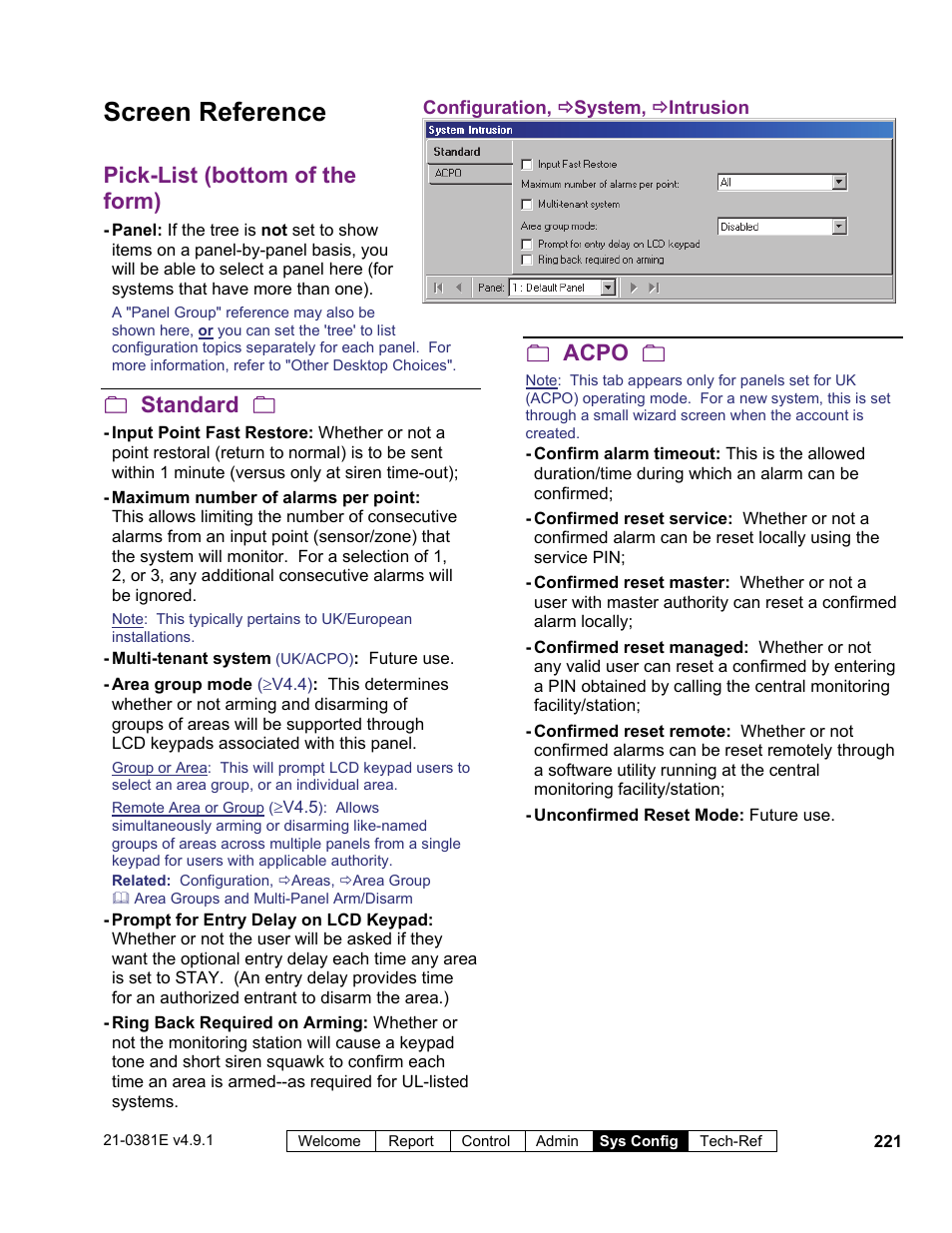 Screen reference, Pick-list (bottom of the form), Standard | Acpo | Interlogix VEREX Director User Manual | Page 229 / 383