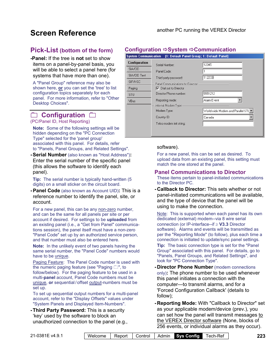 Screen reference, Pick-list, Configuration | Interlogix VEREX Director User Manual | Page 231 / 383