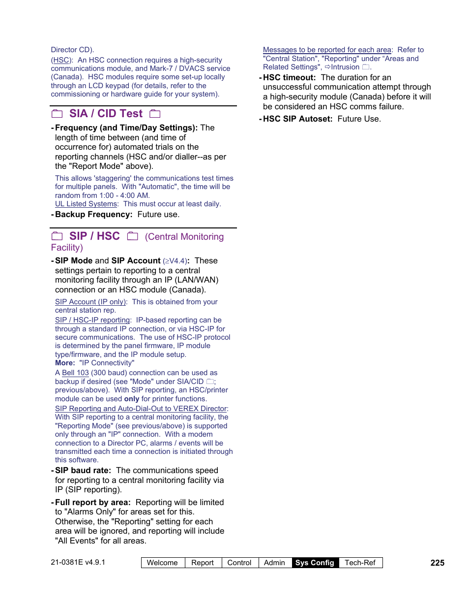 Sia / cid test, Sip / hsc | Interlogix VEREX Director User Manual | Page 233 / 383