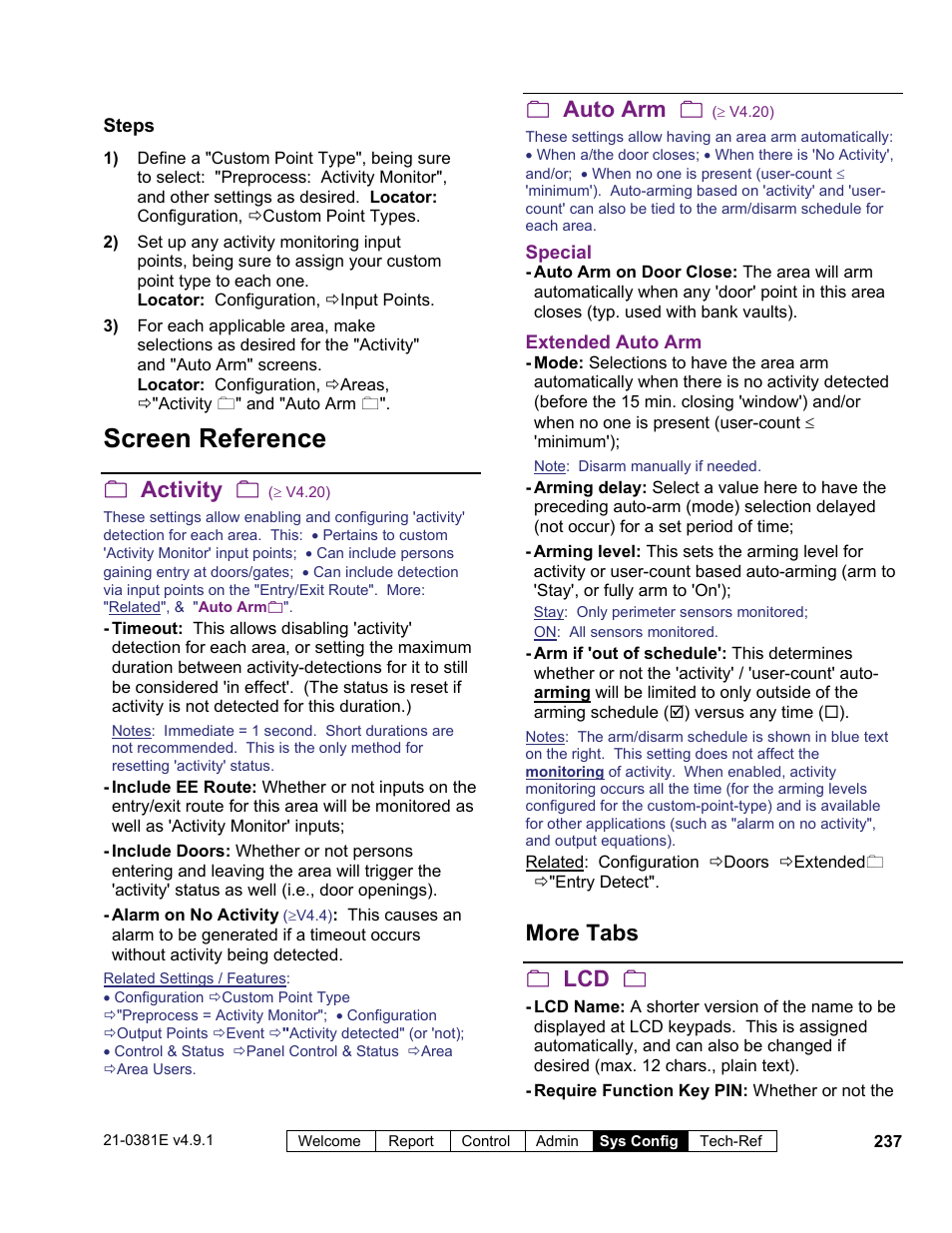 Screen reference, Activity, Auto arm | More tabs  lcd | Interlogix VEREX Director User Manual | Page 245 / 383