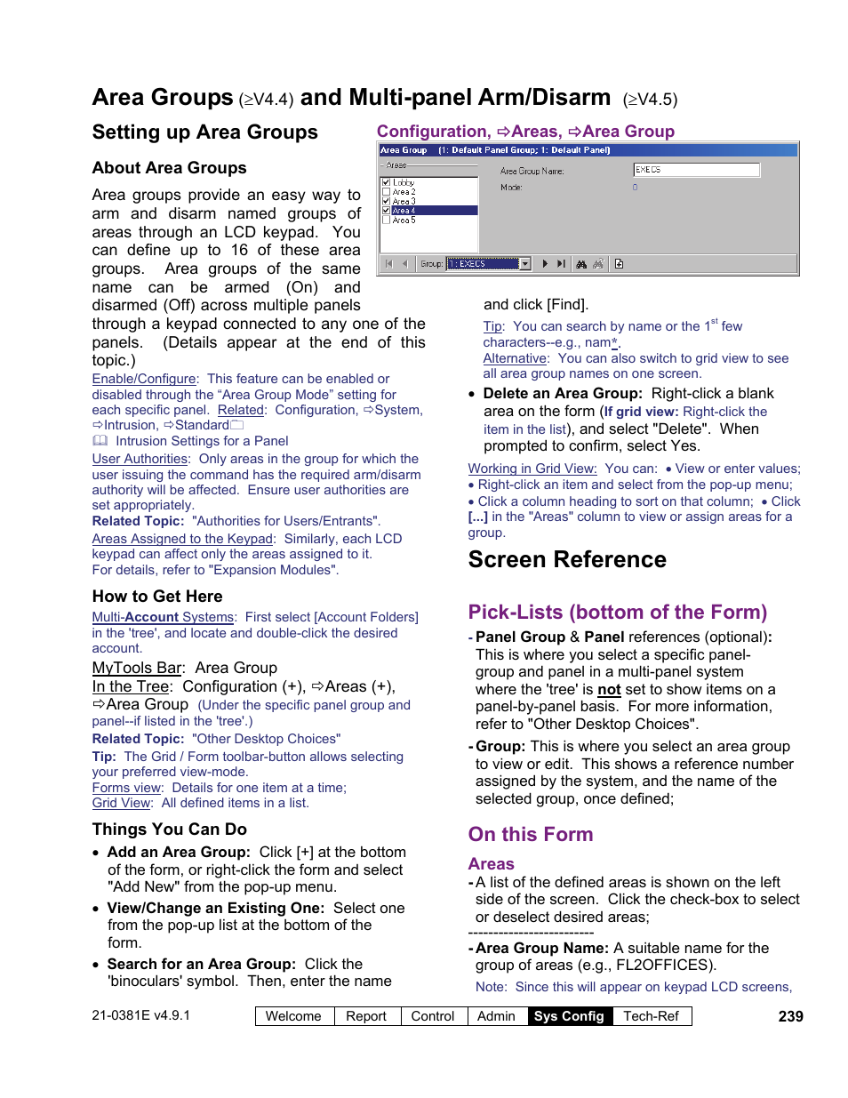 Screen reference, Area groups, And multi-panel arm/disarm | Setting up area groups, Pick-lists (bottom of the form), On this form | Interlogix VEREX Director User Manual | Page 247 / 383