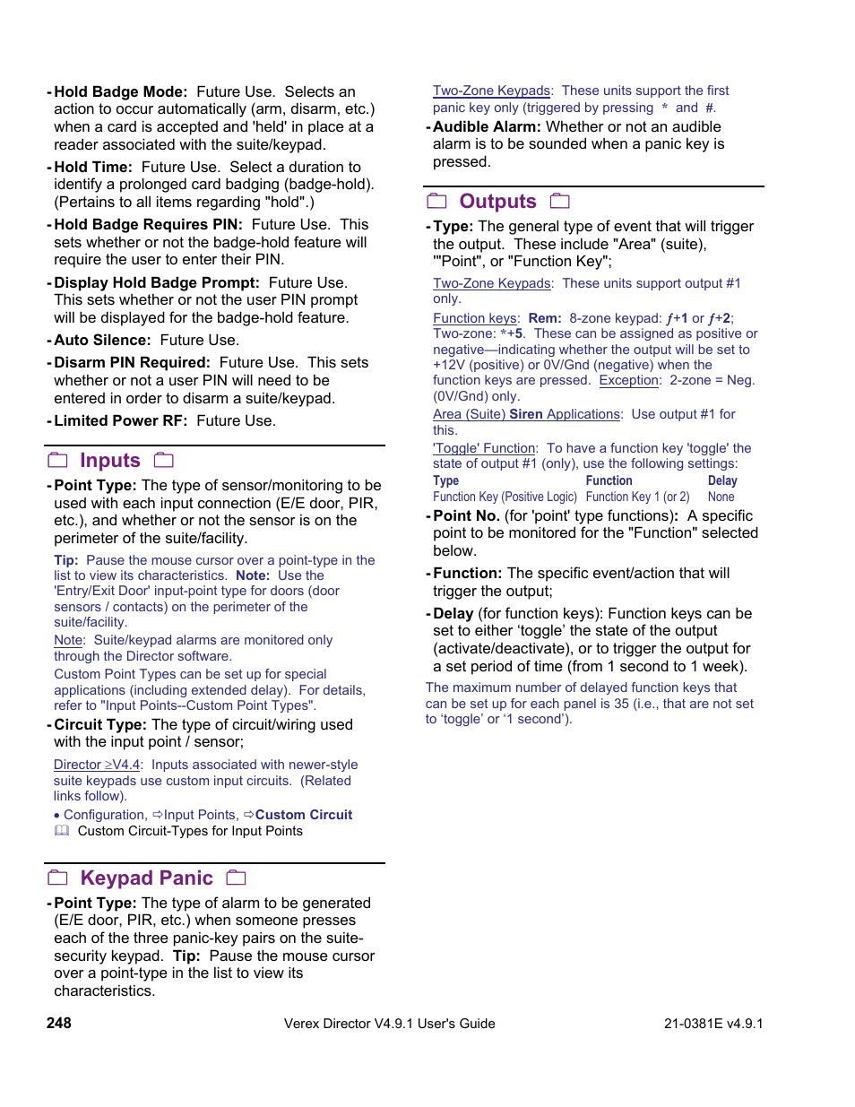 Inputs, Keypad panic, Outputs | Interlogix VEREX Director User Manual | Page 256 / 383