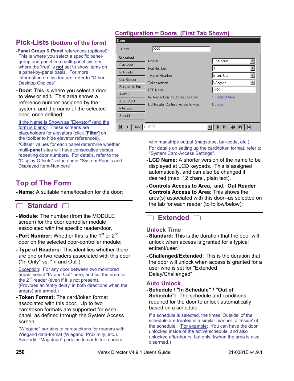 Pick-lists, Top of the form, Standard | Extended | Interlogix VEREX Director User Manual | Page 258 / 383
