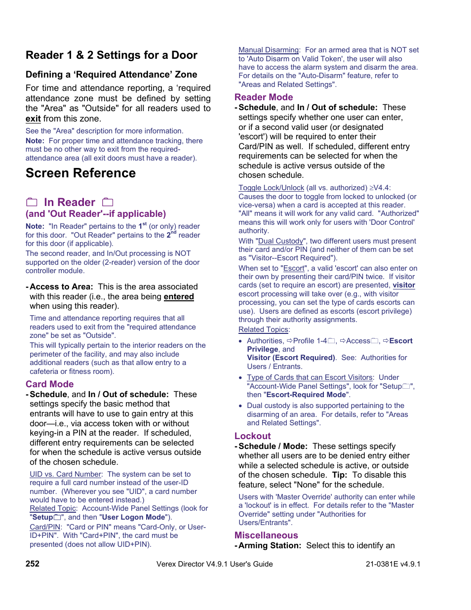 Screen reference, Reader 1 & 2 settings for a door | Interlogix VEREX Director User Manual | Page 260 / 383