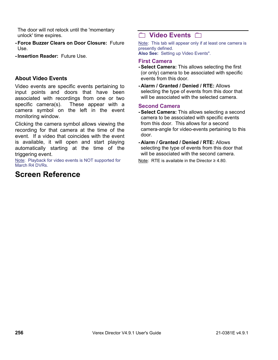 Screen reference, Video events | Interlogix VEREX Director User Manual | Page 264 / 383