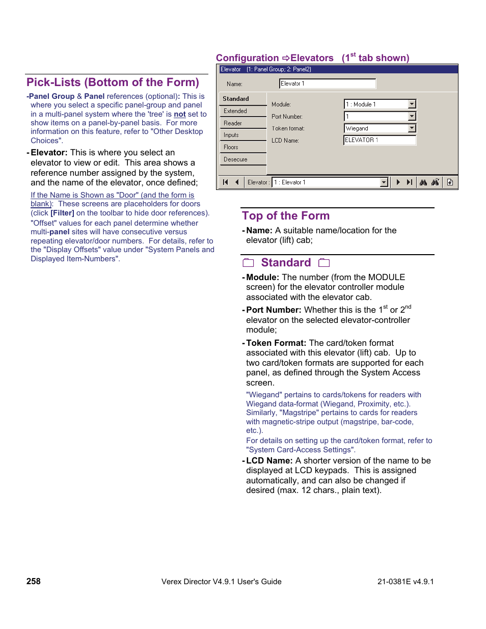 Pick-lists (bottom of the form), Top of the form, Standard | Interlogix VEREX Director User Manual | Page 266 / 383