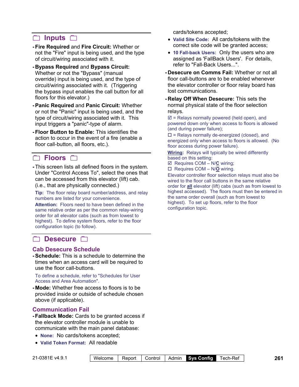 Inputs, Floors, Desecure | Interlogix VEREX Director User Manual | Page 269 / 383