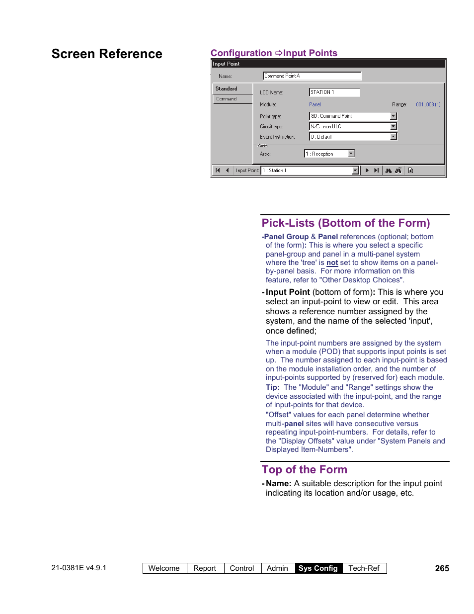 Screen reference, Pick-lists (bottom of the form), Top of the form | Interlogix VEREX Director User Manual | Page 273 / 383