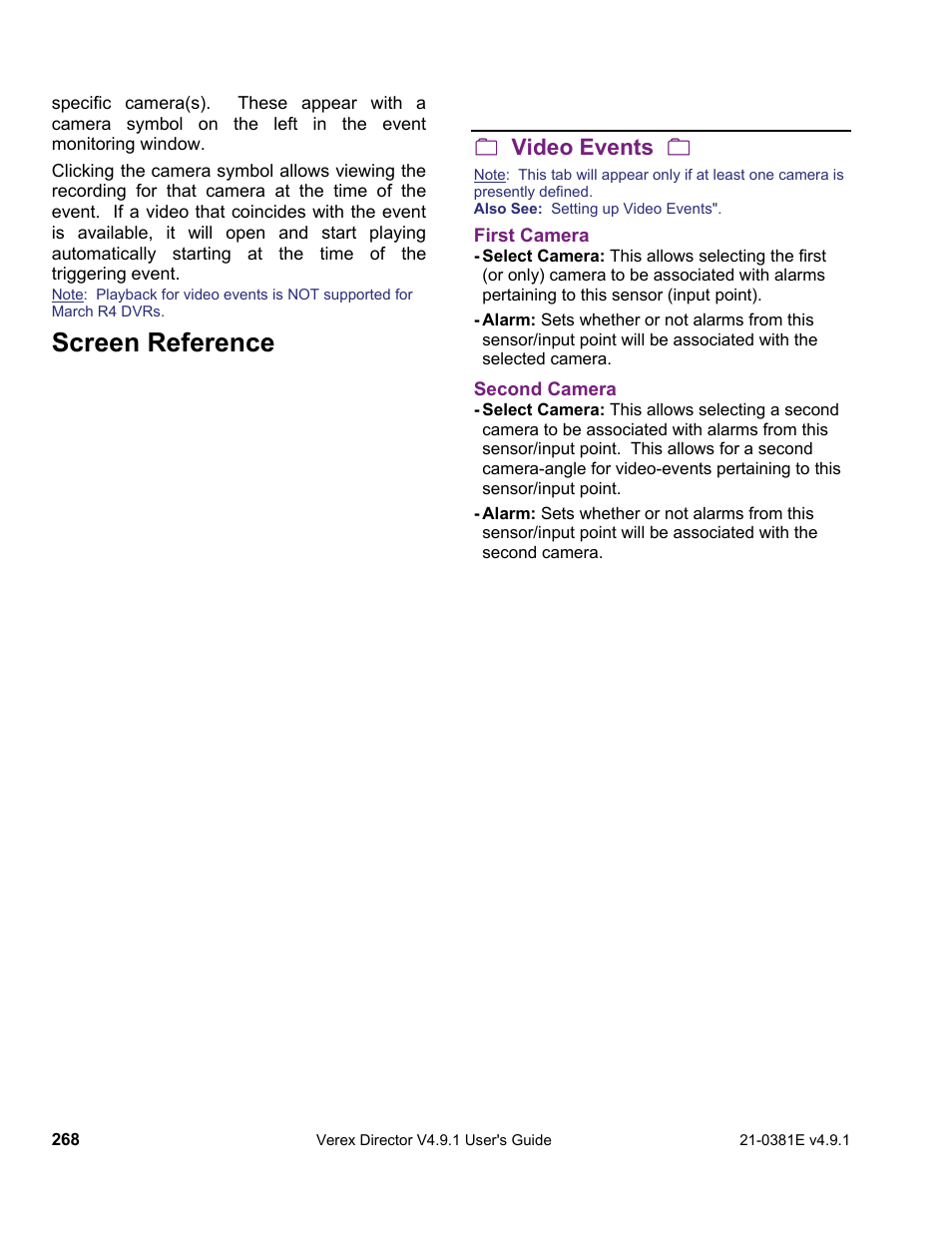 Screen reference, Video events | Interlogix VEREX Director User Manual | Page 276 / 383