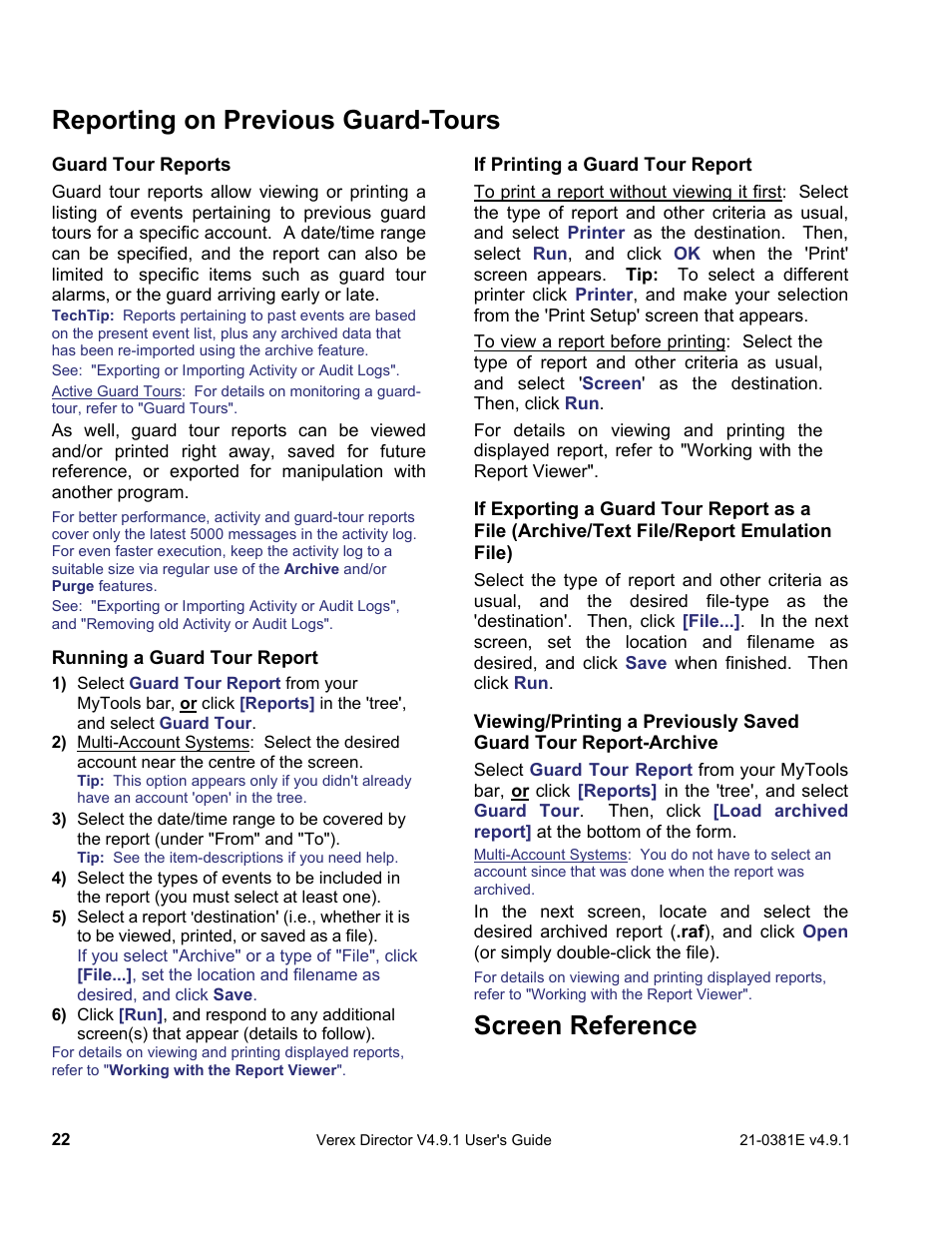 Screen reference, Reporting on previous guard-tours | Interlogix VEREX Director User Manual | Page 30 / 383