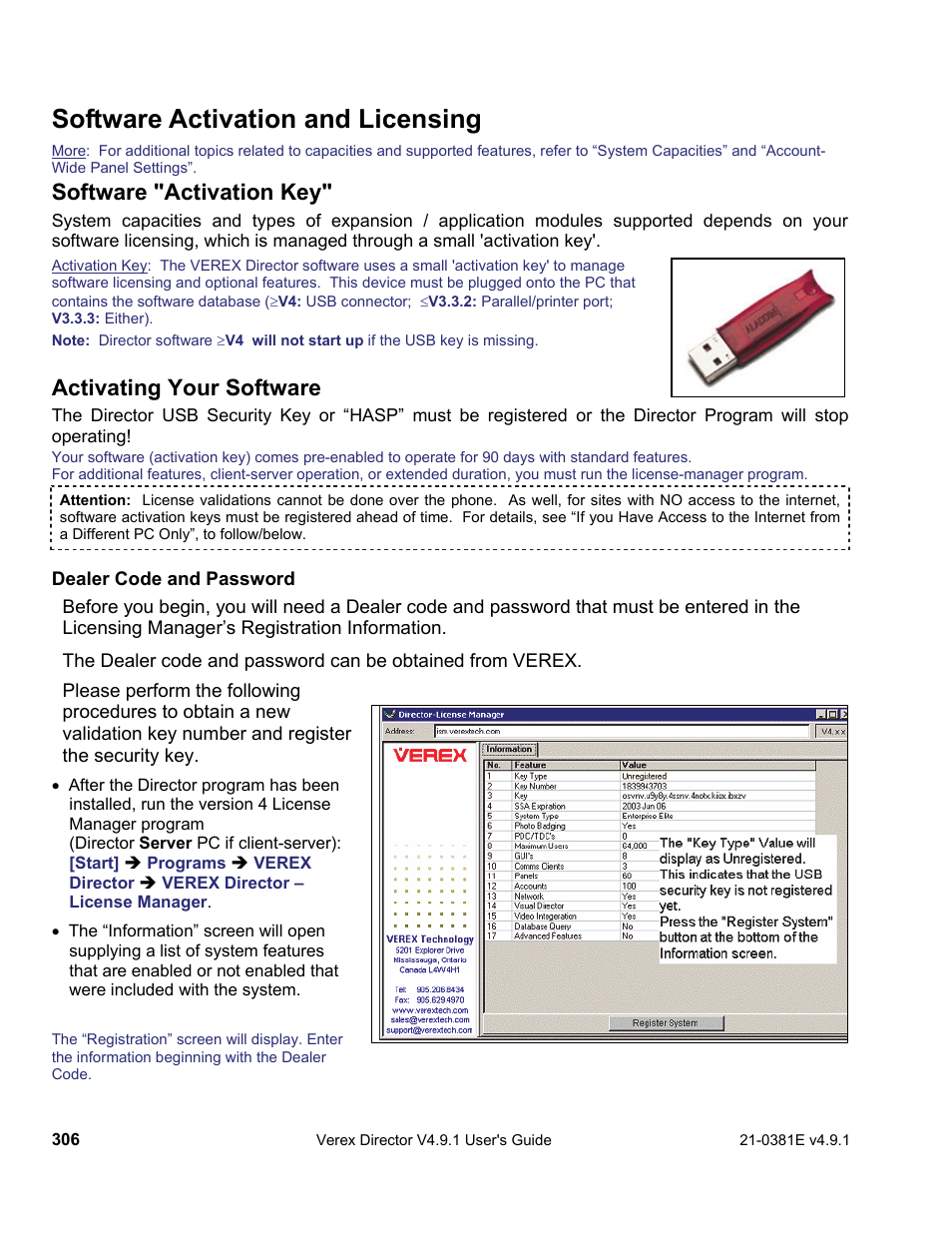 Software activation and licensing, Software "activation key, Activating your software | Interlogix VEREX Director User Manual | Page 314 / 383