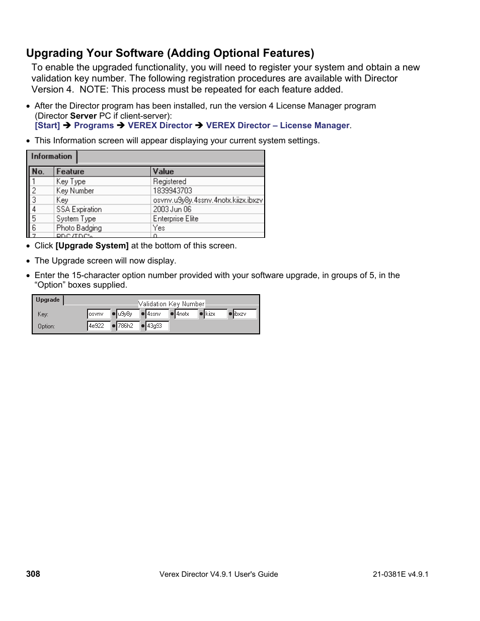 Upgrading your software (adding optional features) | Interlogix VEREX Director User Manual | Page 316 / 383