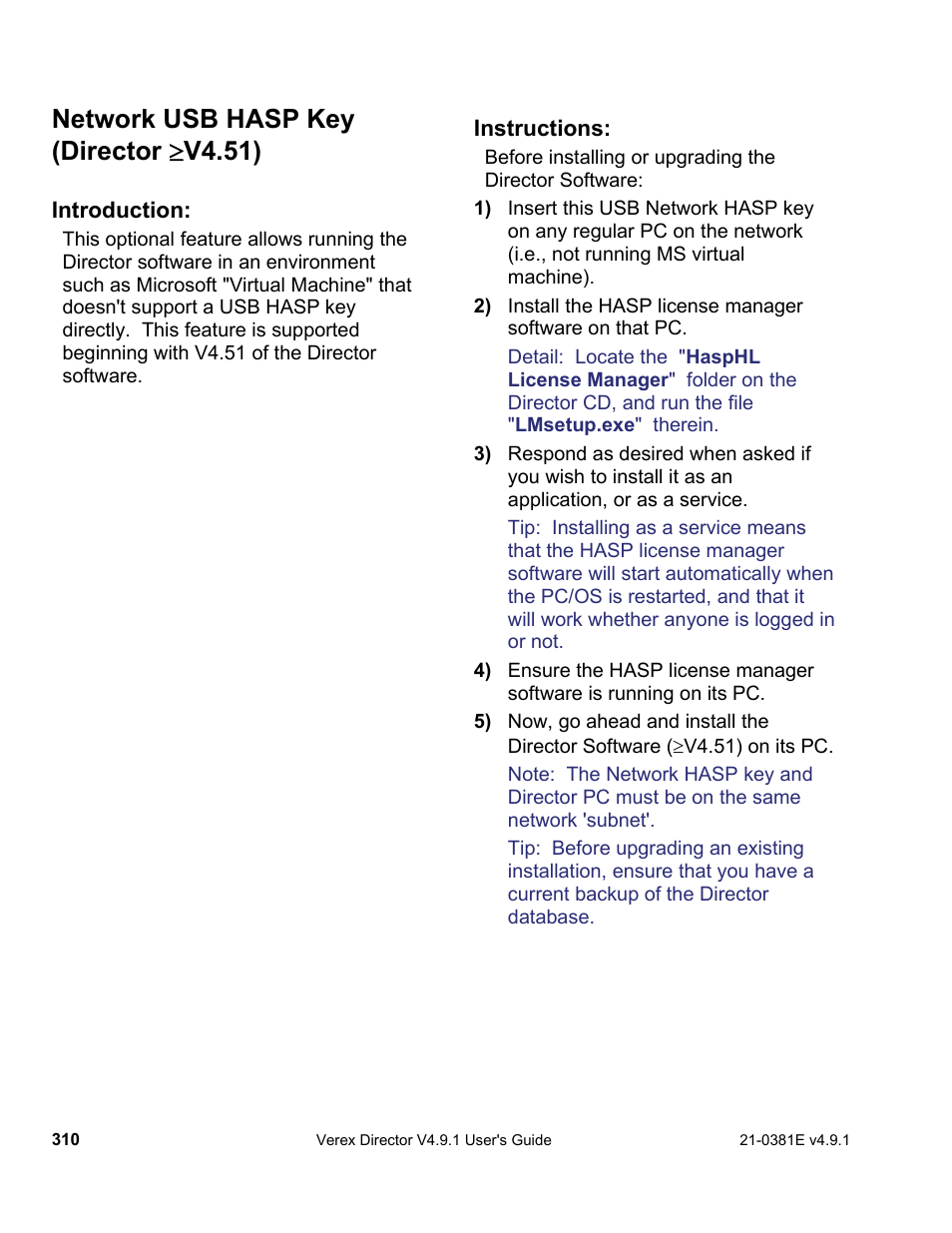 Network usb hasp key (director  v4.51) | Interlogix VEREX Director User Manual | Page 318 / 383