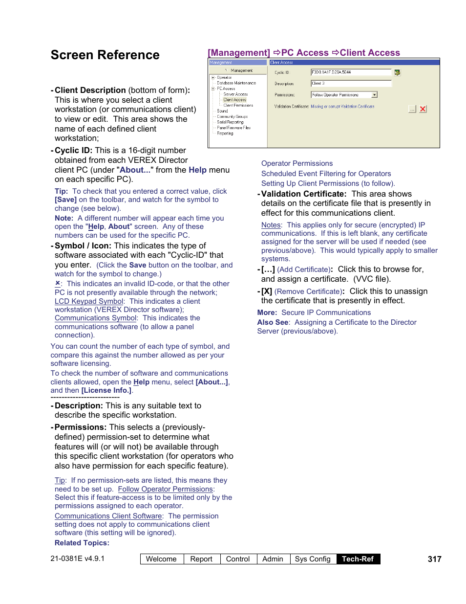 Screen reference | Interlogix VEREX Director User Manual | Page 325 / 383