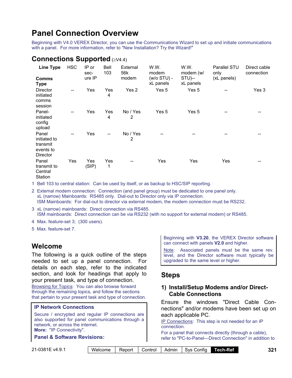 Panel connection overview, Welcome, Steps | Connections supported | Interlogix VEREX Director User Manual | Page 329 / 383