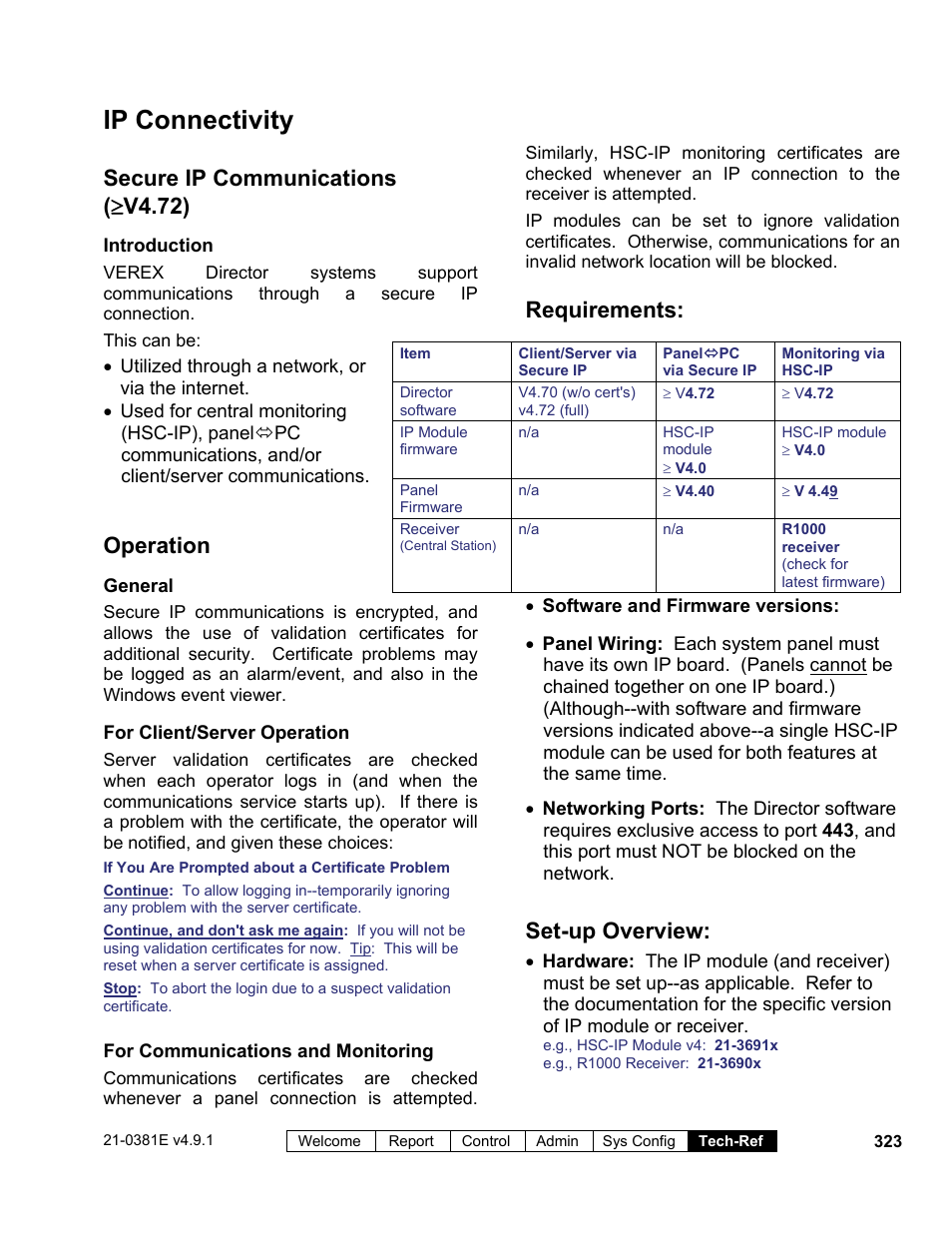 Ip connectivity, Secure ip communications (  v4.72), Operation | Requirements, Set-up overview | Interlogix VEREX Director User Manual | Page 331 / 383
