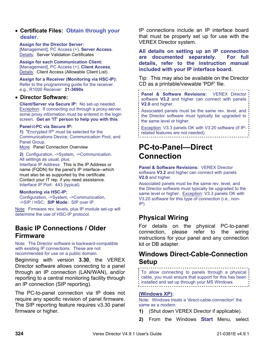Pc-to-panel—direct connection, Basic ip connections / older firmware, Physical wiring | Windows direct-cable-connection setup | Interlogix VEREX Director User Manual | Page 332 / 383