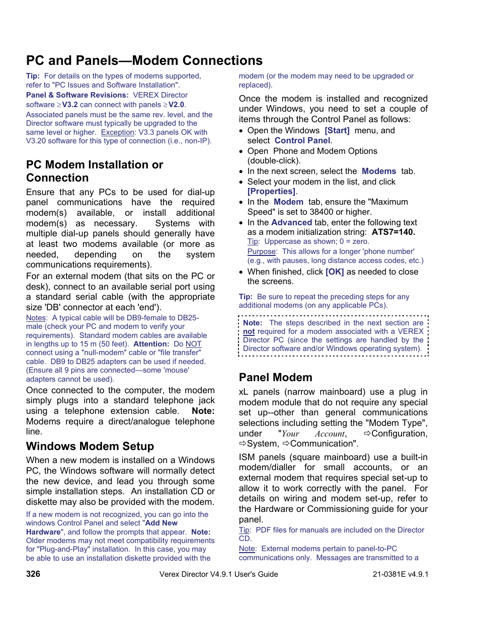 Pc and panels—modem connections, Pc modem installation or connection, Windows modem setup | Panel modem | Interlogix VEREX Director User Manual | Page 334 / 383