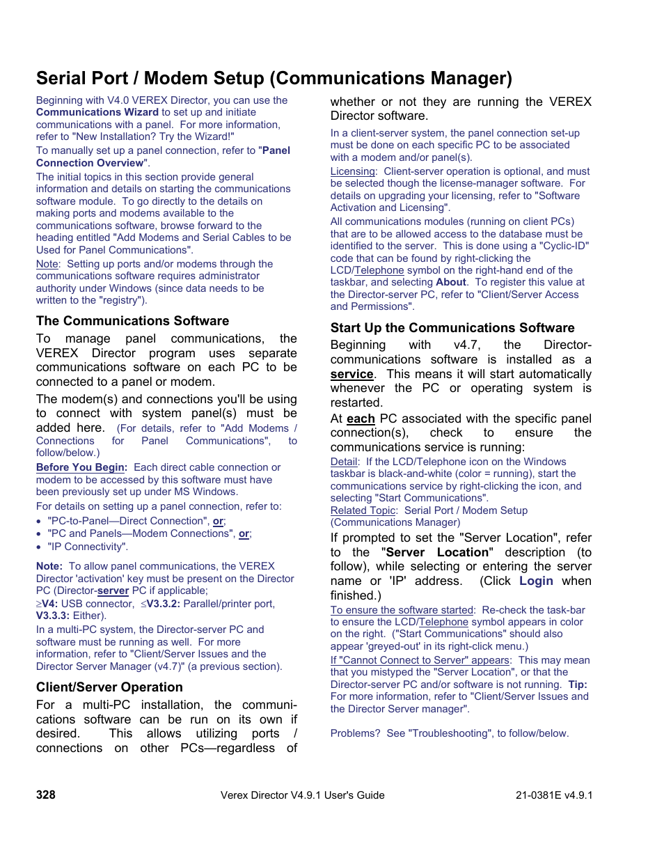 Serial port / modem setup (communications manager) | Interlogix VEREX Director User Manual | Page 336 / 383