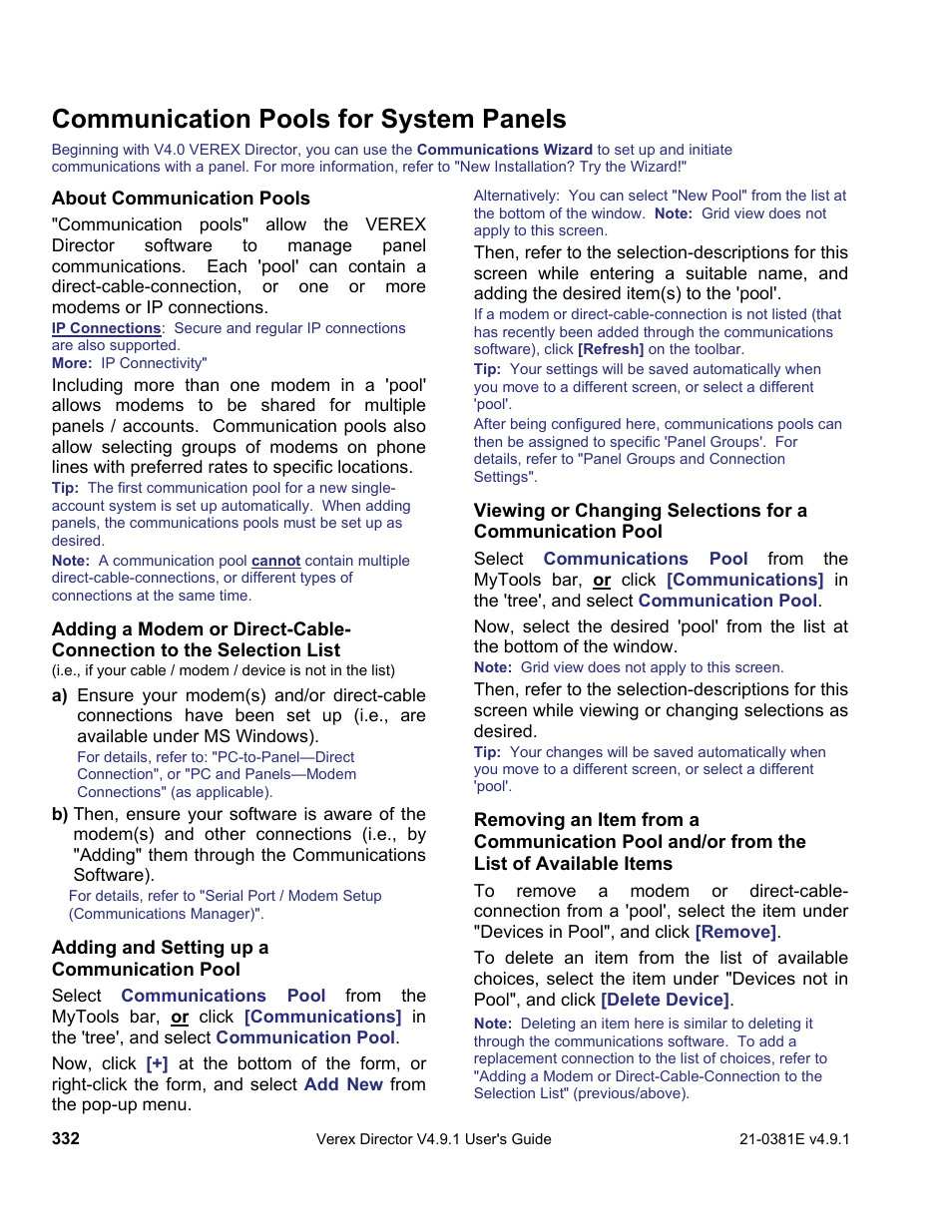 Communication pools for system panels | Interlogix VEREX Director User Manual | Page 340 / 383