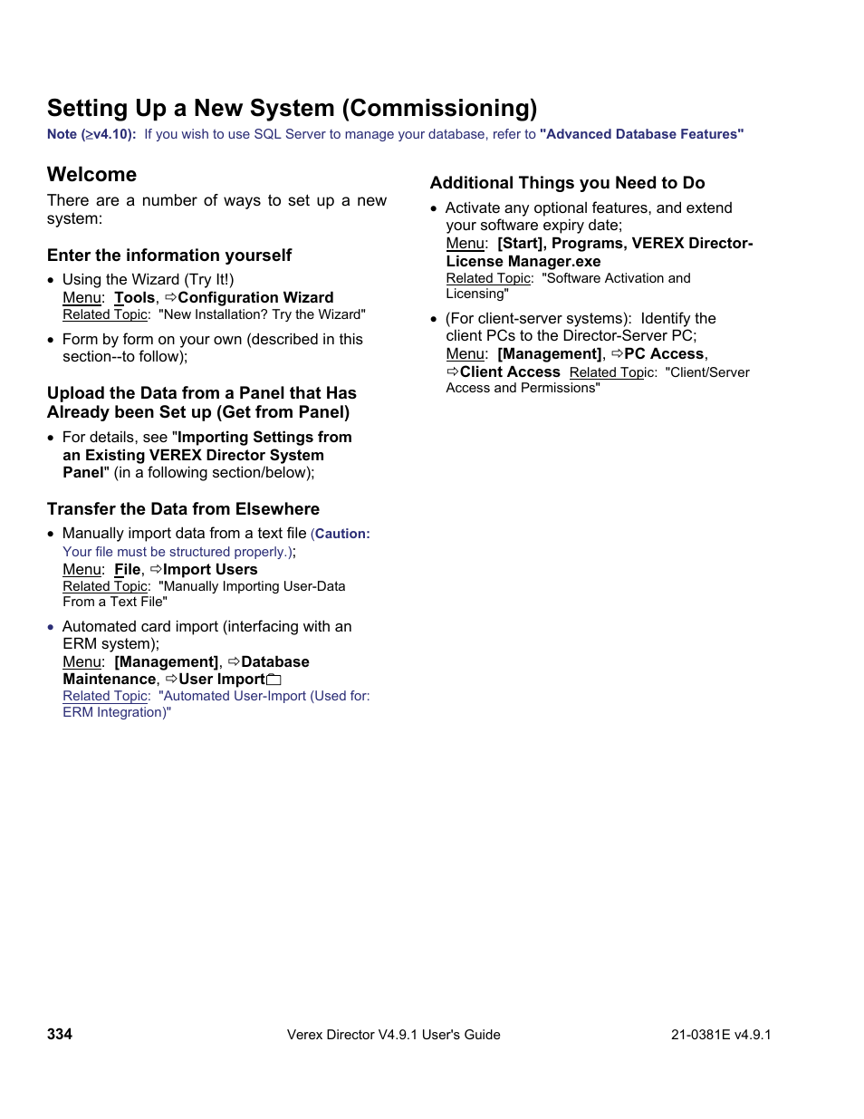 Setting up a new system (commissioning), Welcome | Interlogix VEREX Director User Manual | Page 342 / 383