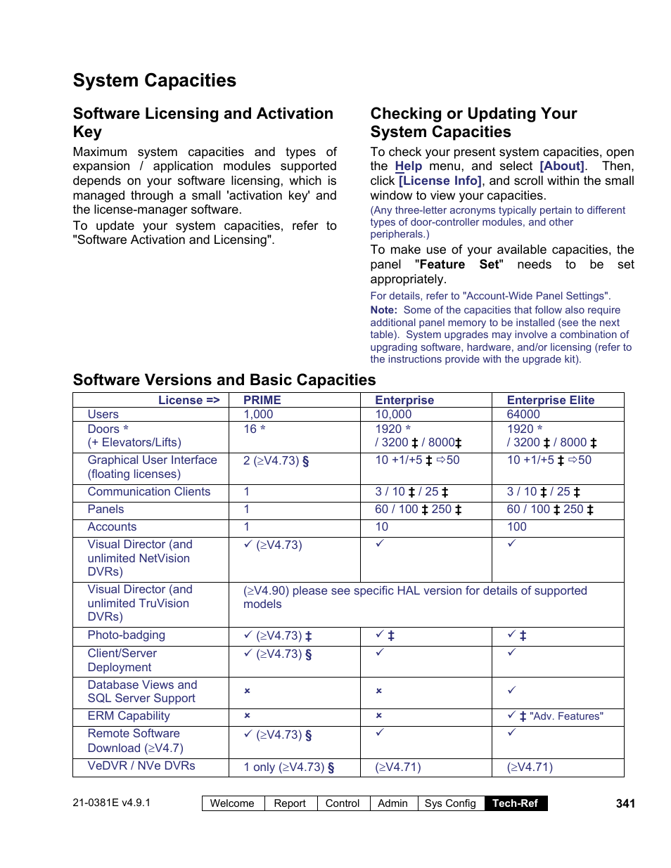 System capacities, Software licensing and activation key, Checking or updating your system capacities | Software versions and basic capacities | Interlogix VEREX Director User Manual | Page 349 / 383