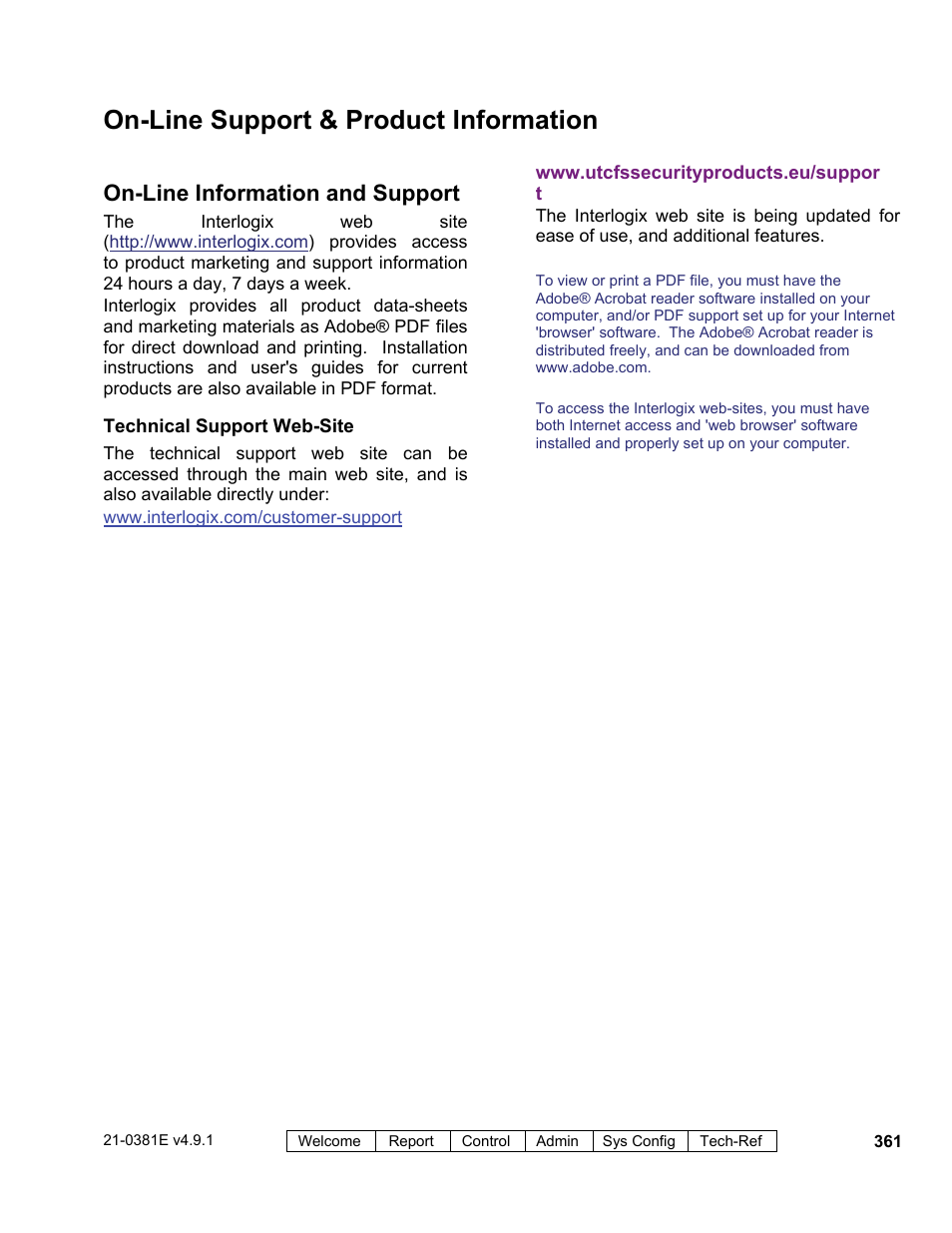 On-line support & product information, On-line information and support | Interlogix VEREX Director User Manual | Page 369 / 383