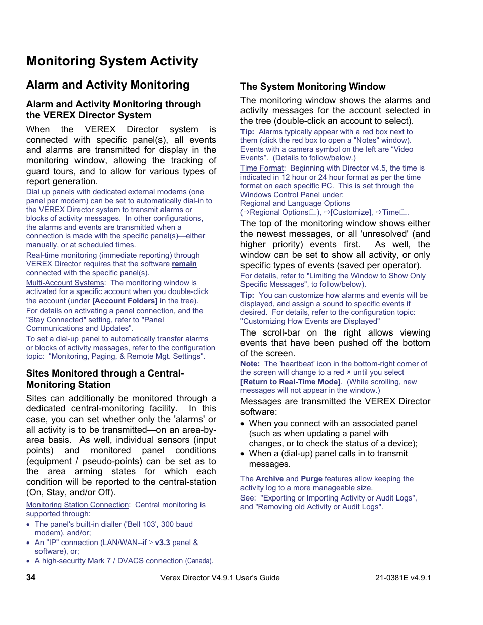 Monitoring system activity, Alarm and activity monitoring | Interlogix VEREX Director User Manual | Page 42 / 383
