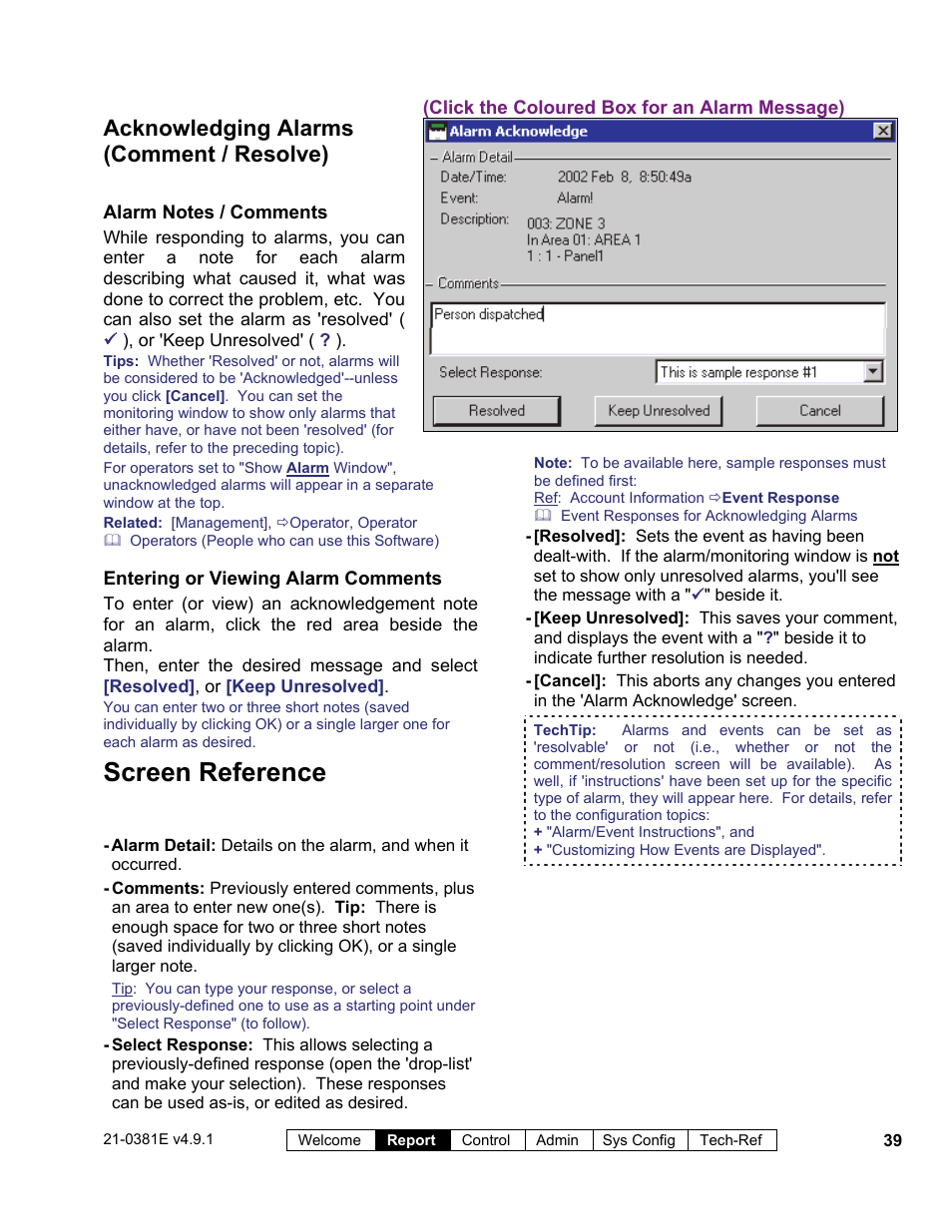 Screen reference, Acknowledging alarms (comment / resolve) | Interlogix VEREX Director User Manual | Page 47 / 383