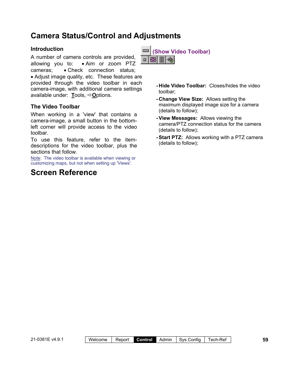 Screen reference, Camera status/control and adjustments | Interlogix VEREX Director User Manual | Page 67 / 383