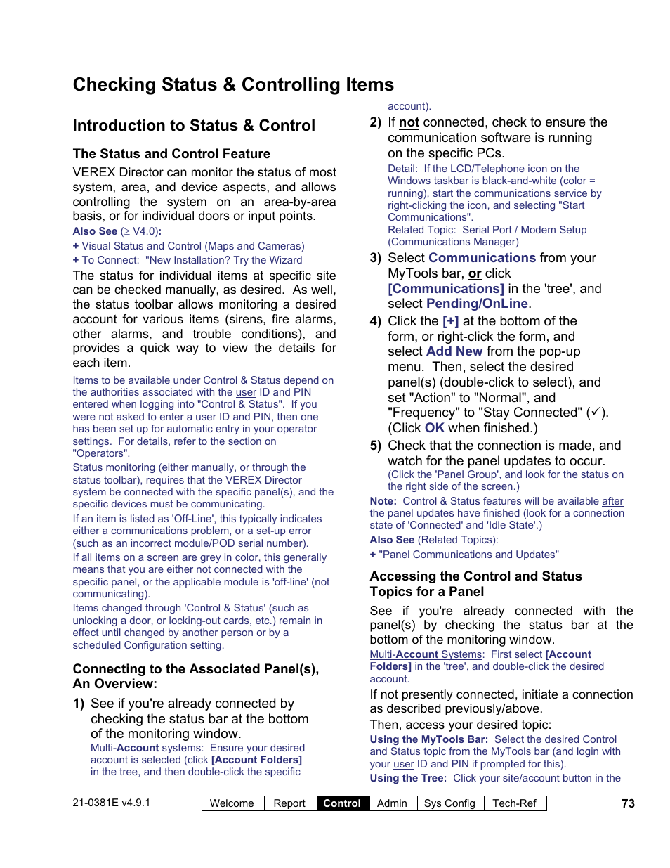 Checking status & controlling items, Introduction to status & control | Interlogix VEREX Director User Manual | Page 81 / 383