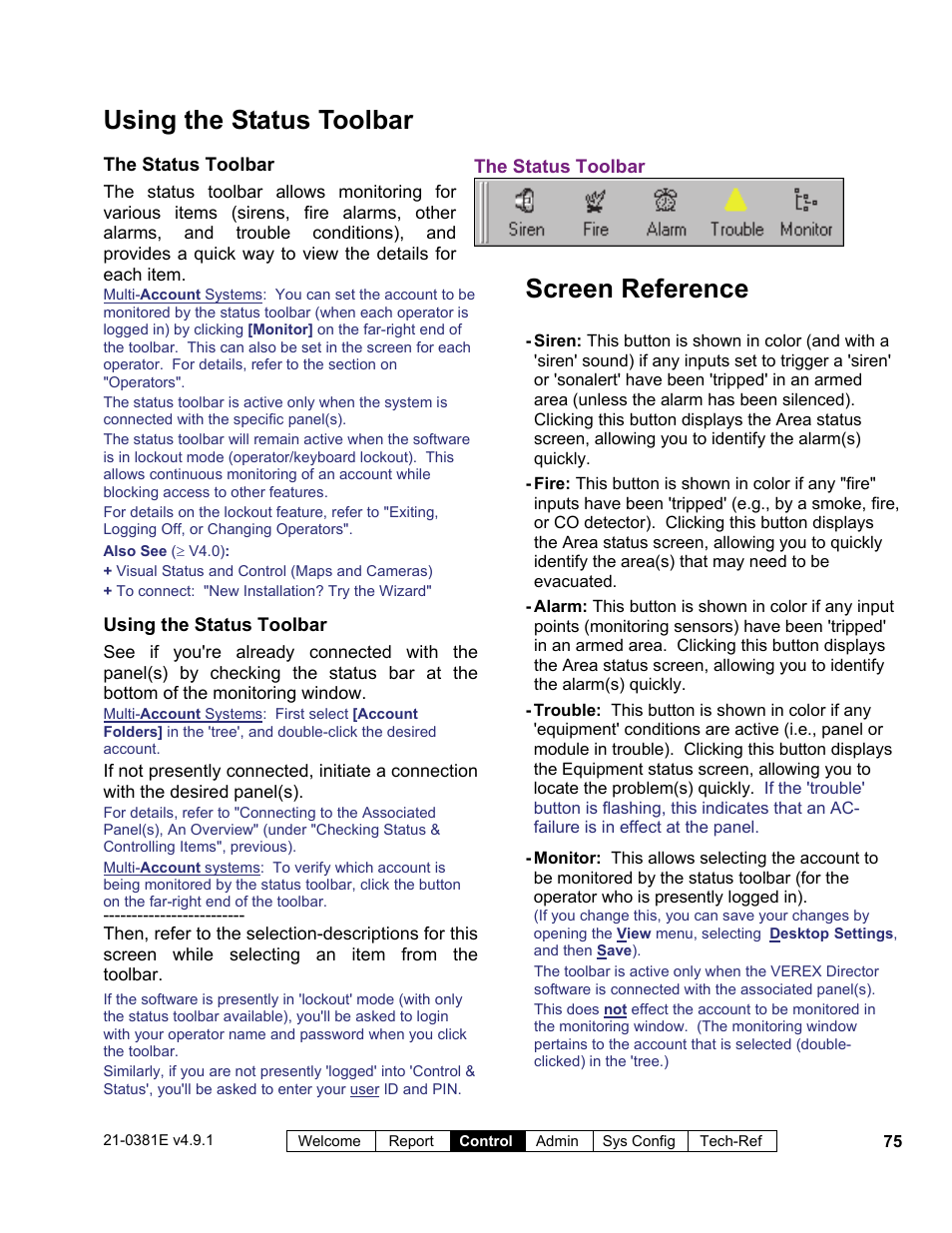 Screen reference, Using the status toolbar | Interlogix VEREX Director User Manual | Page 83 / 383