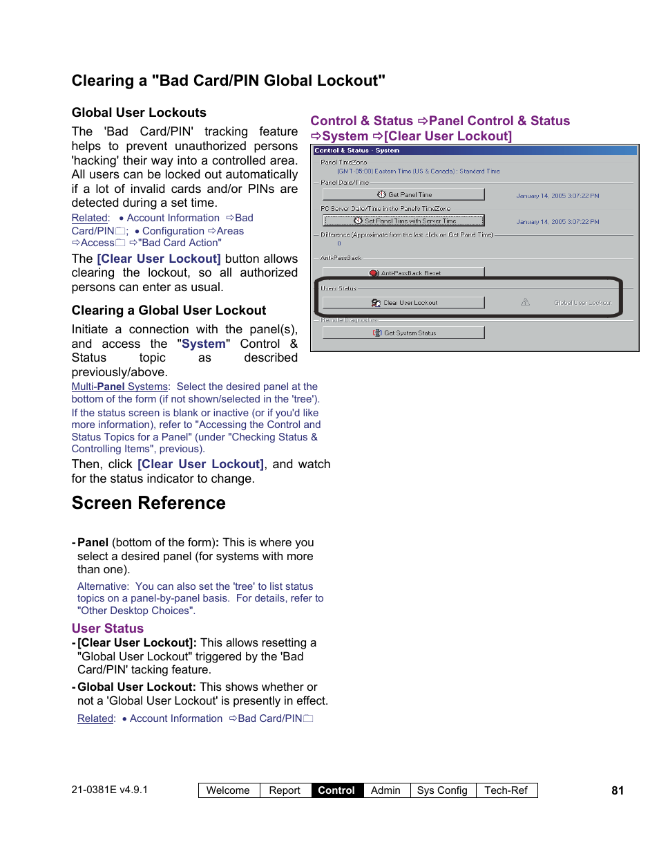 Screen reference, Clearing a "bad card/pin global lockout | Interlogix VEREX Director User Manual | Page 89 / 383