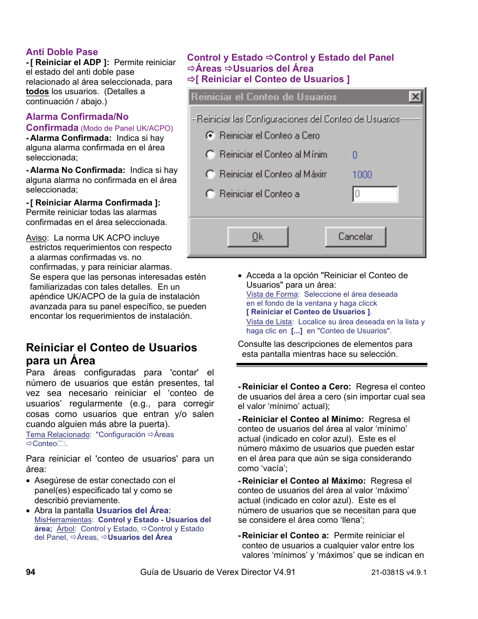 Reiniciar el conteo de usuarios para un área | Interlogix VEREX Director User Manual | Page 104 / 378